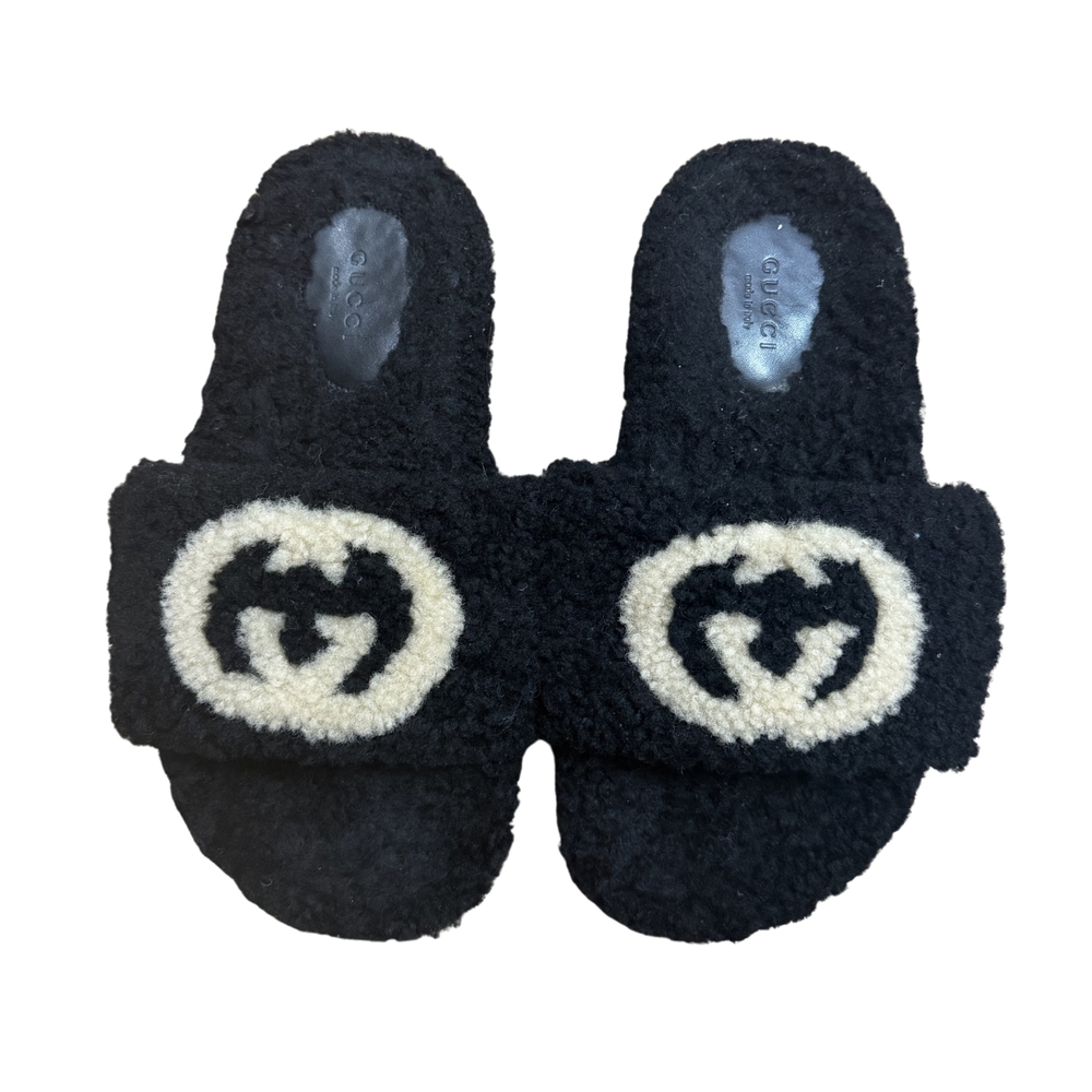 Gucci Black GG Shearling Slides